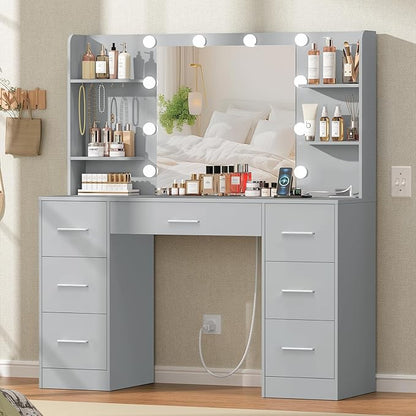 Quimoo Large Vanity Desk with LED Lighted Mirror & Power Outlet,Makeup Vanity Table with 7 Drawers,4 Shelves and 5 Hooks,Vanity Table, Vanity Desk Set for Bedroom,Bathroom,Grey