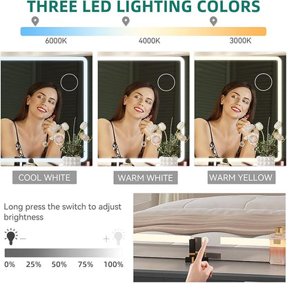 YITAHOME Lighted Vanity Table with Glass Top, 11 Drawers & Storage Stool, Makeup Desk with Smart Mirror, Touch LED Lights, Charging Ports & Hair Dryer Holder