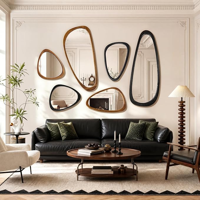 Asymmetrical Mirror, 48"x22" Irregular Mirror Full Length, Wood Wall Mirror for Bathroom Bedroom Living Room Entryway Hallway, Mid Century Modern Decor (Natural Wood)