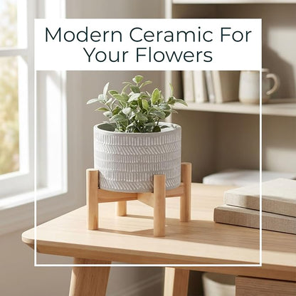 Stoneware Planter With Wood Stand – Plant Stand Indoor For Small Greenery, for Shelf, Table, or Windowsill, Modern Patterned Planter With Plant Riser Accent Home Decor – 6", Ivory Tan