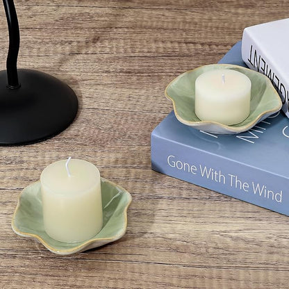 Koythin 2-Piece Ceramic Candle Holder, Aesthetics Candlestick Holders for Tea Lights, Lotus Leaf Shape Candle Stand for Mantle Table, Adorable Vintage Decor for Weddings Dining (Light Green)