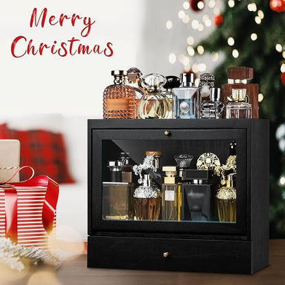 Cologne Organizer for Men, Solid Wood Perfumes Organizer for Men Dresser, Large Capacity Dustproof Cologne Holder with Drawer Storage Perfume Stand Organizer, Ideal Gift for Loved ones