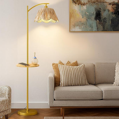 Oneach Floor Lamp with Table for Bedroom, Boho Standing Lamps with Foot Switch, Farmhouse Floor Lamp for Living Room, Arc Rattan Lamps with Gold Metal Base & Pole, Ideal for Home Décor