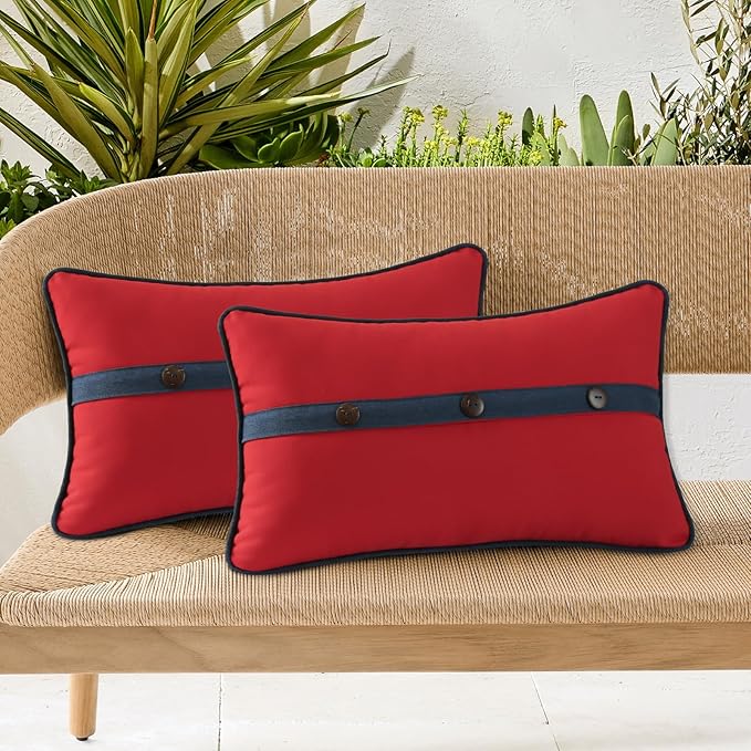 Outdoor Sunbrella Decorative Pillows with Triple Coconut Buttons Pack of 4, 20" x 12" Outdoor Pillow Set for Couch Bed Throw Patio Sofa, Canvas Logo Red/Specrtum Indigo