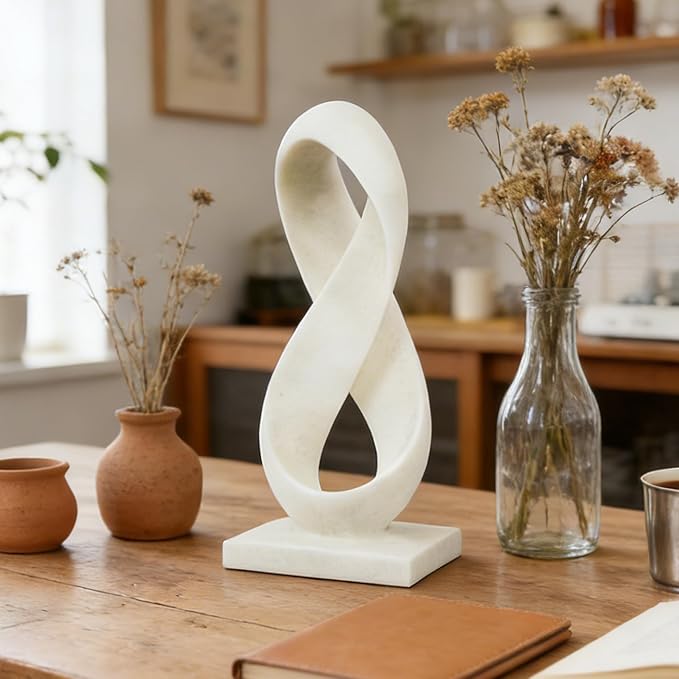 SIMON'S SHOP Modern Abstract Statue, 14.5'' Tall White Minimalist Infinity Loop Design Tabletop Mantel Shelf Decor, Hand-Painted Resin Sculpture for Home or Office
