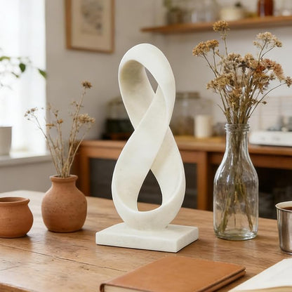 SIMON'S SHOP Modern Abstract Statue, 14.5'' Tall White Minimalist Infinity Loop Design Tabletop Mantel Shelf Decor, Hand-Painted Resin Sculpture for Home or Office