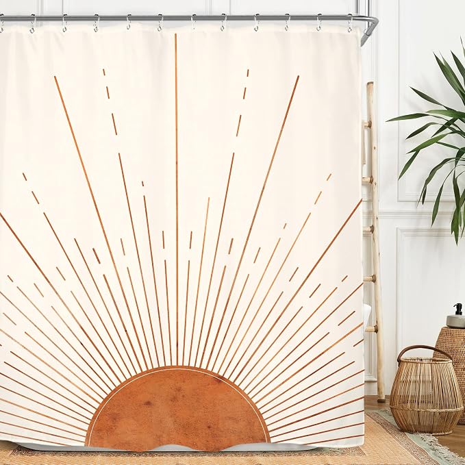 Miyotaa Rust Sun Abstract Shower Curtain Set 60Wx71H Inches Minimalist Mid Century Modern Vintage Aesthetic Sunrise Polyester Waterproof Bathroom Curtain with 12 Hooks