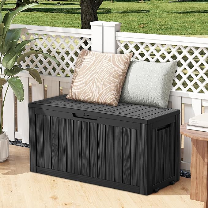 72 Gallon Outdoor Storage Box, Waterproof Deck Box with Handles and Lockable Lid, Resin Patio Storage Box with Hydraulic Rods for Garden Tools, Cushions, Black