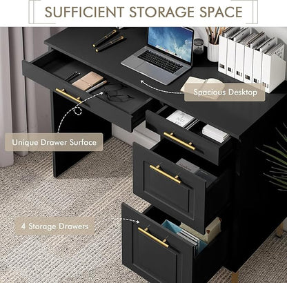 4 EVER WINNER Computer Desk with Drawers, 43 Inch Small Desk with Golden Handle, Home Office Desk with Storage Shelves for Bedroom, Black