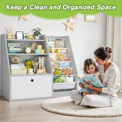TOETOL Kids Bookshelf,Book Storage Organizer,6 Sling Toddler Wooden Book Shelf,3-Tier Kids Bookcase for Bedroom,Livingroom,Playroom,Nursery-Grey