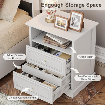 XIAO WEI Nightstand with Hidden Drawer Set of 2, 2-Drawer Nightstand with Open Shelf – Sturdy Wood Bedroom End Table for Storage, Modern Furniture for Bedroom Organization,White