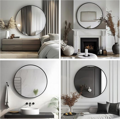 Sunniry Round Mirror 28 inch, Round Black Mirror, Circle Bathroom Mirrors Metal Frame, Wall Mounted Circle Mirrors for Bathroom, Living Room, Hallway, Farmhouse.