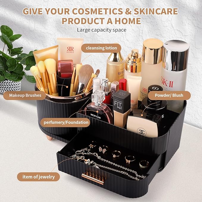 Makeup Organizer for Vanity, Cosmetic Display Case with Drawers, Fits Makeup, Skincare Products, Brushes, Lipsticks, and Other Accessories, Versatile Storage Solution (Black)