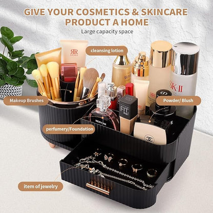Makeup Organizer for Vanity, Cosmetic Display Case with Drawers, Fits Makeup, Skincare Products, Brushes, Lipsticks, and Other Accessories, Versatile Storage Solution (Black)