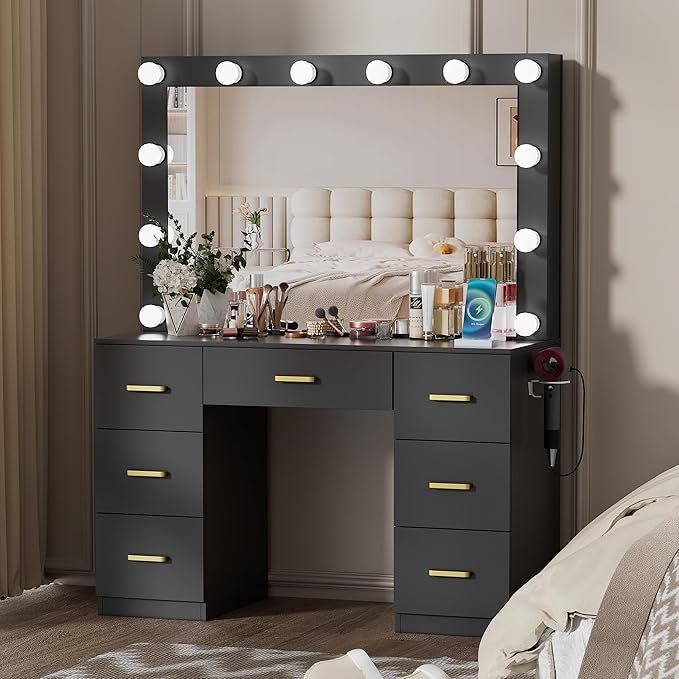 Black Makeup Vanity Desk with Lighted Mirror & Power Outlet,3 Color Modes, Brightness Adjustable,Vanity Table with Drawer,Sliding 2 Storage Wall-Mounted Jewelry,4 Shelves for Bedroom