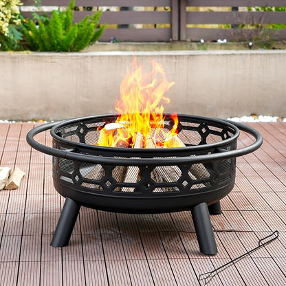Florise 36 Inch Fire Pit, Outdoor Wood Burning Firepit with Removable Grill & Poker, Heavy Duty Metal Round Fireplace,2 in 1 Large Bonfire for Outside,BBQ,Yard,Patio