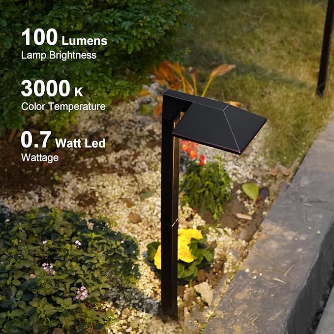 GOODSMANN Low Voltage Landscape Lights 8PK Landscape Lighting Kit Pathway Lights Wired Outdoor Walkway Lights 0.7W LED 100 Lumen Oil Rubbed Bronze Finish Warm White with Cable Connectors Metal Stakes