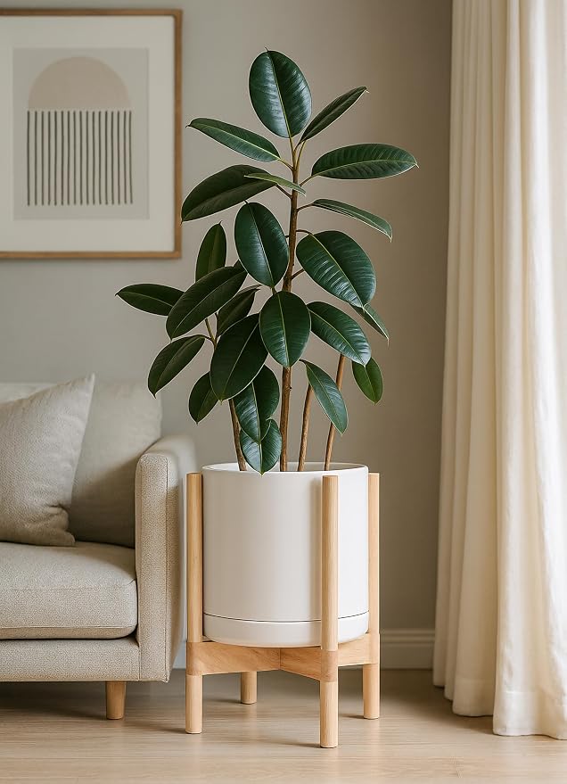 D'vine Dev Ceramic Planter with Natural Stand - 12 Inch Modern Round Flower Pot with Wood Planter Holder, Oatmeal, 55-B-J-8