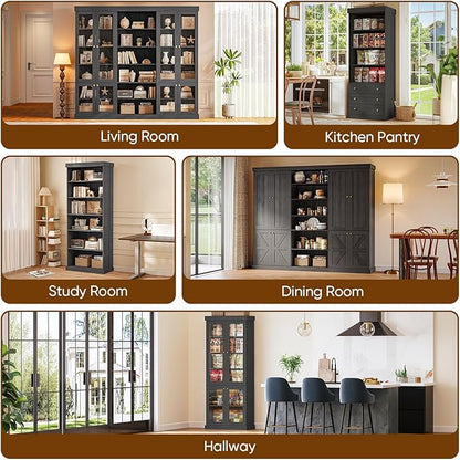 Vyre 70.8" Tall Farmhouse Bookshelf, Modular Bookcase with Glass Doors, 6-Tier Adjustable Shelves, Large Storage Cabinet for Kitchen, Living Room, Black, Set of 4