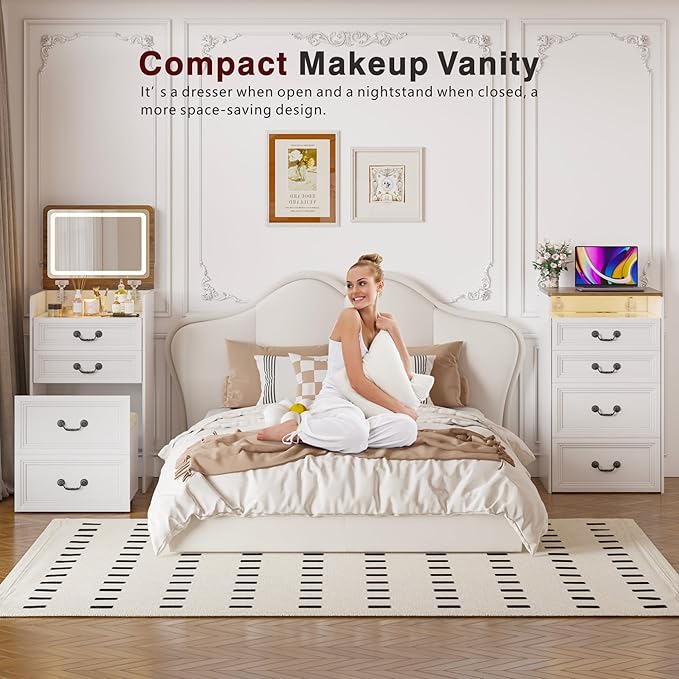 Lvifur 3 in 1 Vanity Desk with Flip Top Mirror and 3 Color Lights,Small Compact Vanity with Charging Station,Glass Top Makeup Vanity with 3 Drawers,Rolling Cushioned Stool