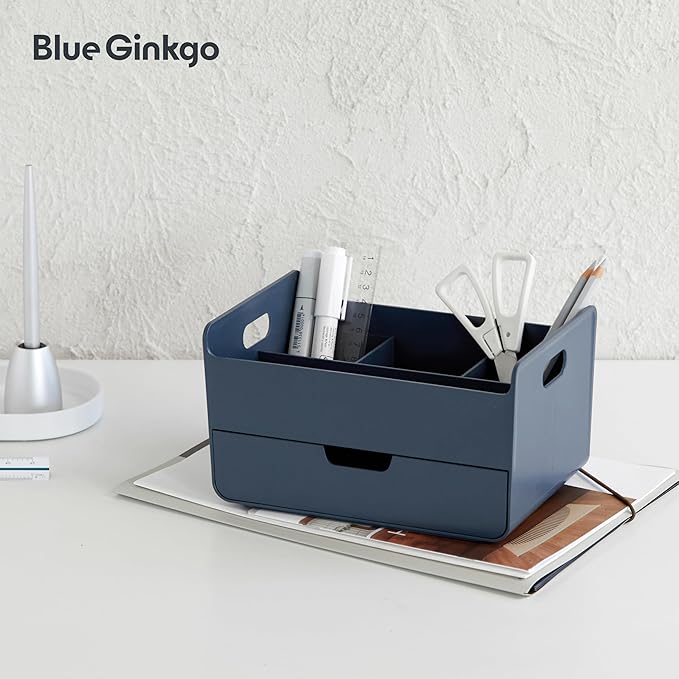 BLUE GINKGO Portable Desk Organizer – Compact 3 Compartment, Half-drawer Storage – Pen Holder, Stationery Desktop Organizer for Office, Makeup, Crafts (Made in Korea, Blue)