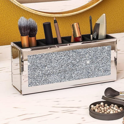 SHYFOY 4-Compartment Makeup Brush Holder, Mirrored Makeup Organizer with Crushed Diamond Crystals, Vanity Cosmetics Organizer Solution, Pencil Holder Organizer for Desk