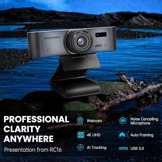 ROCWARE 4K Webcam with Remote, RC16 Computer Camera with Microphone, 1080p