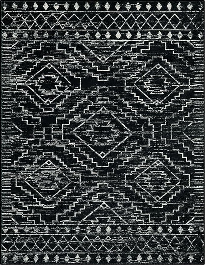 Wonnitar Moroccan Washable Area Rug 5x7, Black Large Rug for Living Room, Non-Slip Boho Bedroom Throw Mat, Low Pile Stain Resistant Geometric Floor Carpet for Dining Table Kitchen Dorm (Black,5'x7')