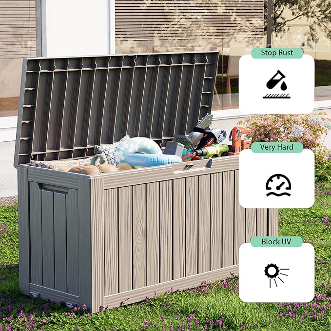 Vixzen 85 Gallon Resin Deck Box, Lockable Outdoor Storage Box for Patio Cushions Storage Furniture,Garden Tools, Pool Supplies, Weatherproof and UV Resistant-Grey