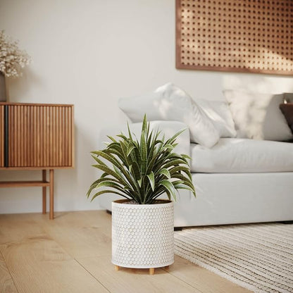 EverNest Honeycomb Gold and White Planter with Wooden Peg Leg Stand, 12-Inch Plant Pot, SelectBase, Mid-Century Modern, Indoor Home Decor Planters (Large, 3 Gallon)