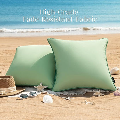 Phantoscope Pack of 2 Outdoor Waterproof Throw Pillow Covers with Contrast Piping, Decorative Square Cushion Case Patio Pillows for Couch Tent Sunbrella, Sage Green 20x20 inches