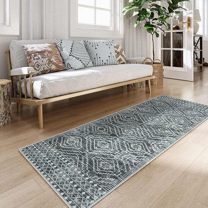 Wonnitar Washable Kitchen Runner Rug 2x6, Moroccan Grey Runners for Hallway, Non Slip Bohemian Soft Bathroom Throw Mat Geometric Carpet Runner for Laundry Entryway Bedroom (Dark Grey,2'x6')