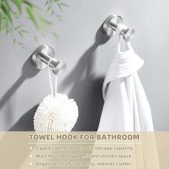 APLusee Brushed Nickel Bathroom Towel Hooks, 304 Stainless Steel Coat Hook 2 Pack, Heavy Duty Towel Hanger for Bathroom, Wall Mounted
