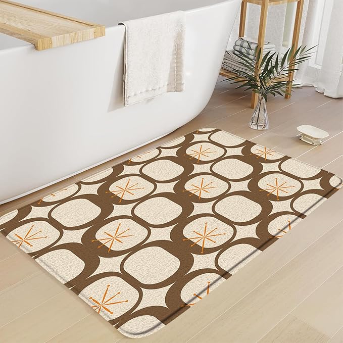 Mid Century Modern Bath Mat Abstract Atomic Geometric Retro 1950s Brown Bathroom Kitchen Toilet Rugs,24x48 Inch