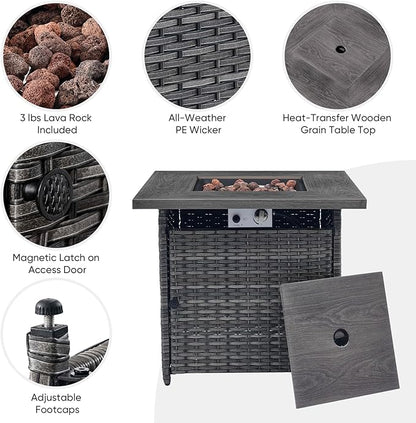 Belord 50000 BTU Propane Fire Pit Table with Lid and Lava Rock, 30 inch Outdoor Firepit Table Wicker Furniture, Square Fireplace Table Perfect for Relaxed Outside Patio Backyard Ambiance, Grey