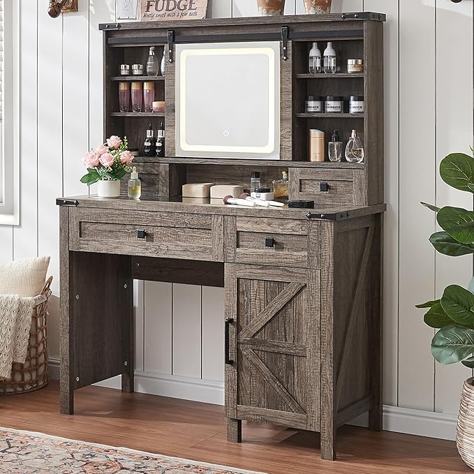 42'' Farmhouse Makeup Vanity Desk with Sliding Mirror and Lights, Glass Tabletop Vanity Table with Barn Door, 4 Drawers & Hidden Shelves, Rustic Big Vanity Women Dressing Table, Light Oak