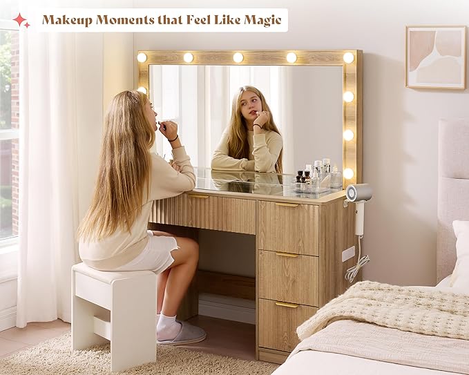 AMERLIFE 47.2" Fluted Vanity Desk with Large Mirror and Adjustable LED Lights, 7 Drawers Makeup Table with Glass Top and Charging Station for Women and Girls, Bedroom or Dorm, Oak