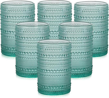 ZMOWIPDL Vintage Glassware Drinking Glasses Set of 6,15 oz Hobnail Glass Cups,Embossed Lake Blue Water Tumbler,for Beer,Cocktail,Whiskey,Juice and Various Mixed Drinks- 1 Cleaning Brush