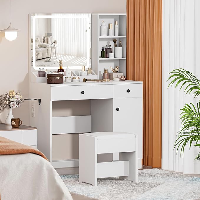 Vanity Desk with Mirror and Lights, 3-Color Lights Adjustable Brightness, White Vanity Makeup Desk with Drawer & Charging Station, Large Dressing Table Make Up for Bedroom