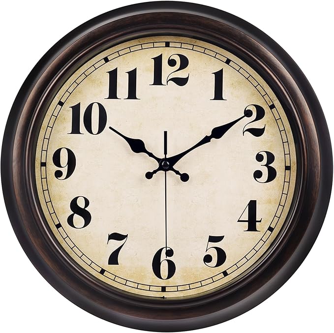 45MinST 13 Inch Red-Brown Vintage Large Wall Clock, Quartz, Battery Operated, Quiet Non-Ticking Accurate Movement with Bold Numerals, Elegant Home Decor