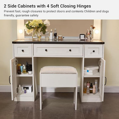 JXQTLINGMU Farmhouse Vanity Desk with Hollywood Makeup Mirror - Ample Storage Space with 3 Drawers & 2 Cabinets - Detachable Light Bulbs, Stool Included, Bedroom, White