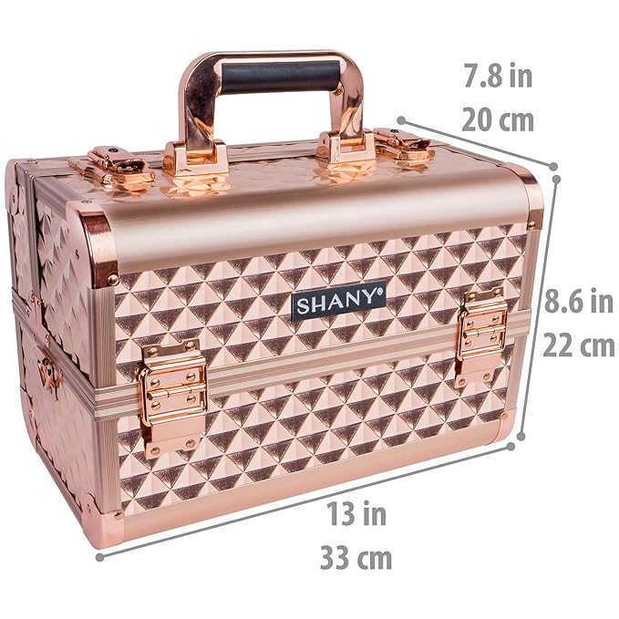 SHANY Premier Fantasy Professional Makeup Train Case Cosmetic Box Portable Makeup Case Organizer Jewelry storage with Locks, 3 Trays,Makeup Brush Holder and Cosmetics Mirror - Rose Gold