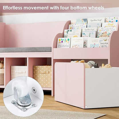HOSTACK 67" Kids Reading Nook with Bench, Kids Bookshelf and Bookcase with Seat Cushion and 6 Storage Cubbies, Toy Storage Box on Wheels, Toy Chest for Playroom, Bedroom, School, Pink