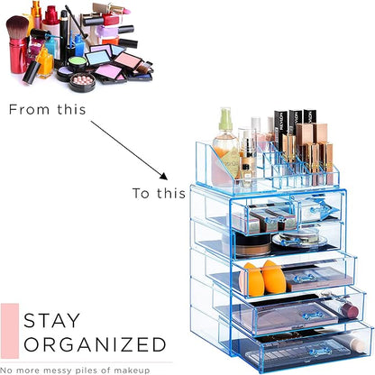 Sorbus Clear Cosmetic Makeup Organizer - Make Up & Jewelry Storage, Case & Display - Spacious Design - Great for Dresser, Bathroom, Vanity & Countertop (4 Large, 2 Small Drawers) [Blue Brilliance]