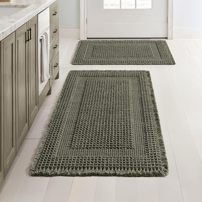MIULEE Set of 2 Waffle Bathroom Rugs, Boho Bath Rug Super Absorbent, Non Slip Washable Ultra Soft Rubber Backed Shower Bath Mats for Floor, Tub, Shower, Looped Design, Green, 17"x24"+18"x30"