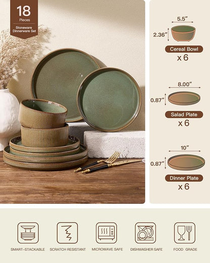 Stoneware Plates and Bowls Dishes Sets Service for 6 (18-Piece), Famiware Premium Handcrafted Reactive Glaze Dinnerware Set with Raised Rim, Scratch Resistant, Microwave Dishwasher Safe, Moss