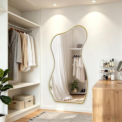 POZINO Large Irregular Beveled Mirror, 63"x32" Asymmetrical Wall Mirror with Metal Frame, Full Length Organic Floor Mirrors for Entryway Living Room Bedroom Hallway, Leaning/Wall-Mount