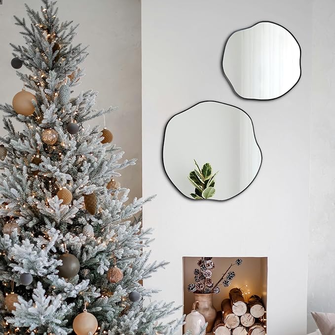 POZINO Scalloped Irregular Wall Mirror, 20" Asymmetrical Frameless Art Deco Mirror, Wavy Decorative Accent Mirrors for Entryway Fireplace Living Room Hallway, Horizontal or Vertical Hanging