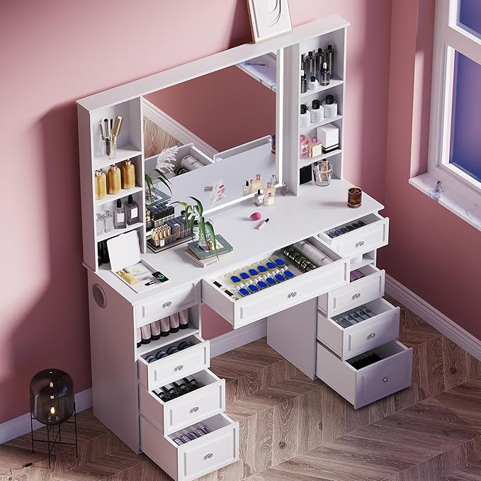 Vanity Desk with Mirror and Lights, Makeup Vanity Desk with Facial Mask Box, Dressing Table with Bluetooth Speaker, Makeup Vanity Set with Wireless Charger, 9 Drawers and 10 Shelves (47" W, White-A)