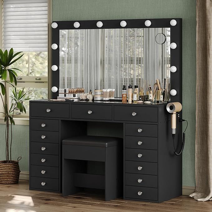 15 Drawers Makeup Vanity with Charging Station, Vanity Desk with 12 LED Bulbs and HD Mirror, 3 Color Brightness Adjustable, Vanity Set for Bedroom, Black